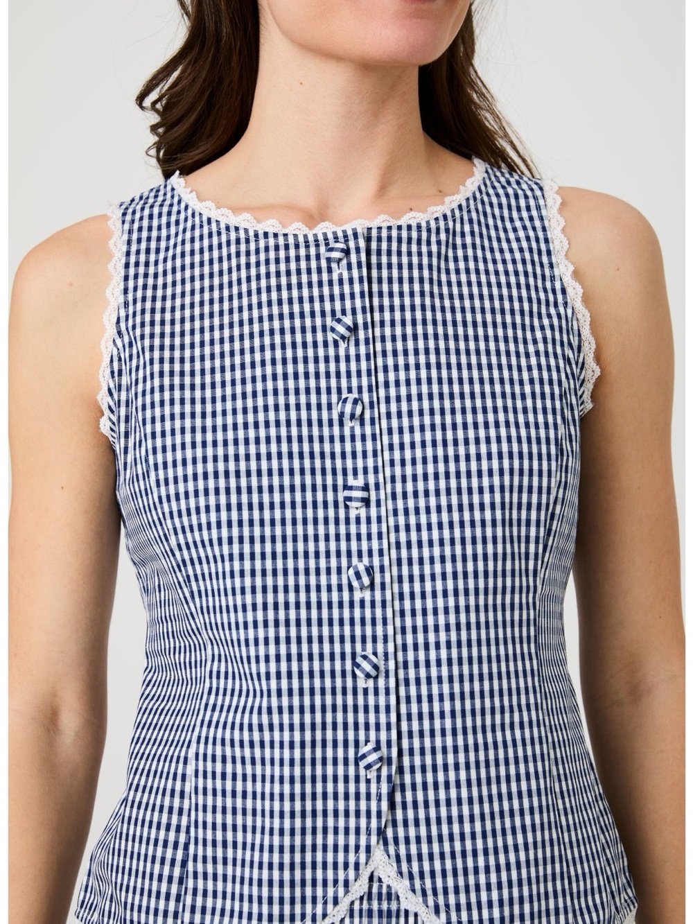 French Connection Lace Trim Gingham Vest